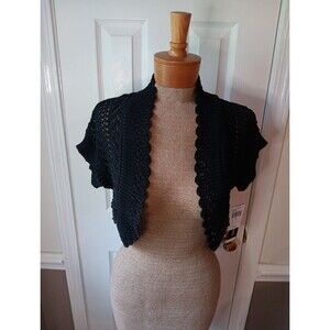 Perceptions Black Short-Sleeve Crochet Shrug Small